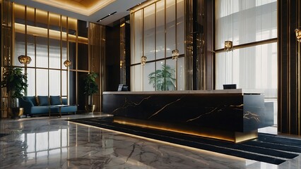 luxury hotel reception desk with gold and black marble decor - obrazy, fototapety, plakaty