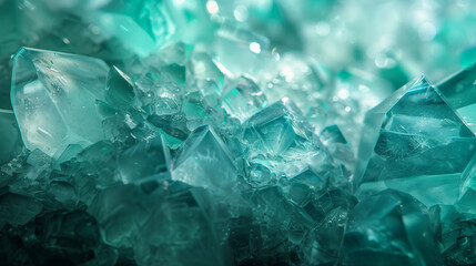 Obraz premium Background with mint colored crystals. Mint colored glass crystals with reflections of light. Abstract background with bokeh effect. AI generative