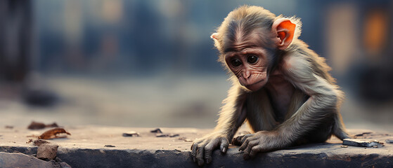 A monkey sitting on the ground with a sad look on its