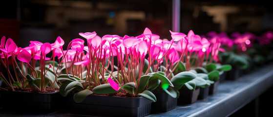 Glowing pink cyclamen neon square in Adams rib plant . - obrazy, fototapety, plakaty
