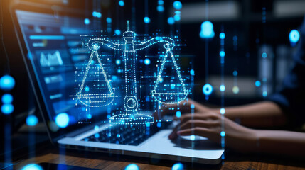 Legal advice concept with virtual icons of law, justice scale, and lawyer's tools over computer - obrazy, fototapety, plakaty