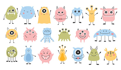 Set with cute monsters in flat style. Hand drawn kids monsters. vector illustration. Isolated mascot.