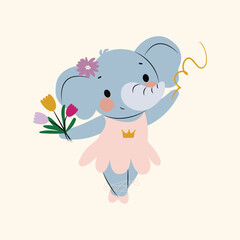 Cute ballerina elephant illustration with flowers and ribbon.