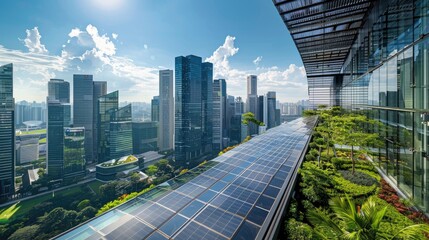 photovoltaic panels or solar panels on the roof of an apartment building in a tropical climate with a modern city skyline in background, with clear blue sky, green plants, sustainable energy concept,  - obrazy, fototapety, plakaty