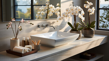 White orchids adding a touch of natural elegance to a sleek vanity