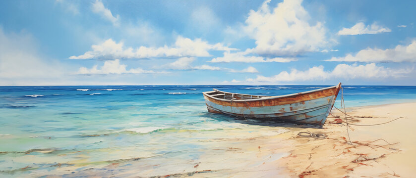 A painting of a boat on the water near a beach