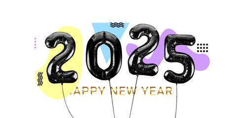 Happy New Year 2025. Background realistic golden balloons. Decorative design elements.