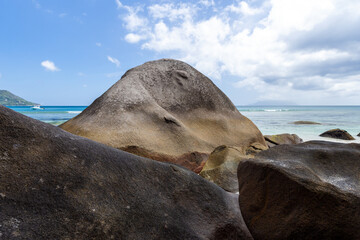 Coastal rocks at Beau Vallon beach, Seychelles. Natural landscape photo