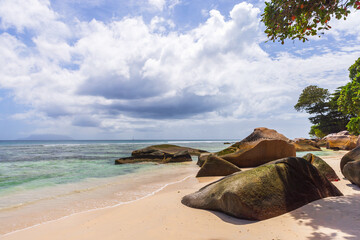 Seychelles. Coastal view with white sand and rocks
