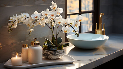 White orchids adding a touch of natural elegance to a sleek vanity