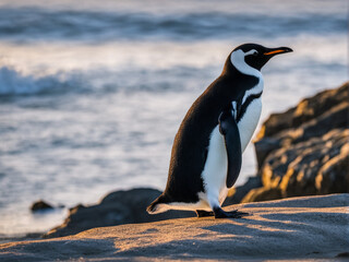 Penguin standing on the stone at the beach.