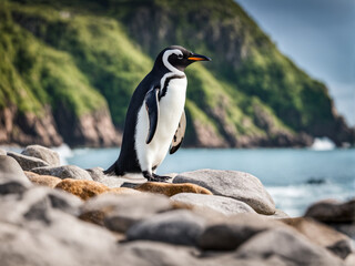 Obraz premium Penguin standing on the stone at the beach.