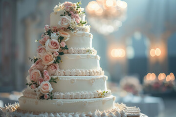 Elegant Wedding Cake with Decorated Flowers. Multi-tiered beautiful cake with decorations and...