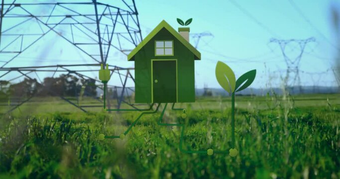 Animation of green house ands plants over electricity pylons in landscape