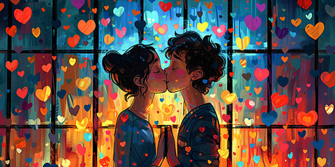 A couple in love stands huddled close to each other, surrounded by elements of love, romance and celebration. Colorful illustration, greeting card, invitation or cover design