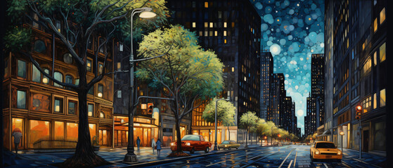 A painting of a city street at night with trees and bu