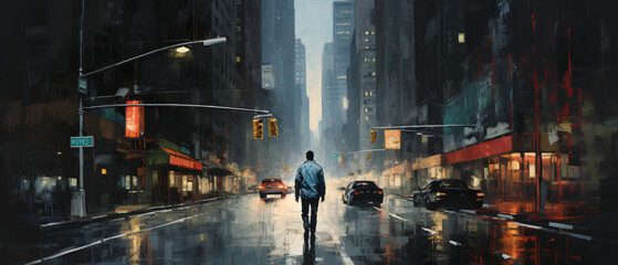 A painting of a city with a person walking down the st