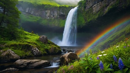 waterfall in Iceland with rainbow in summer.