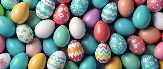 Fototapeta na wymiar Colorful Easter eggs background. Top view
