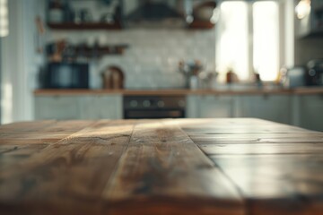 Empty wooden countertop with blurred modern kitchen background, space for display or montage - AI generated - obrazy, fototapety, plakaty