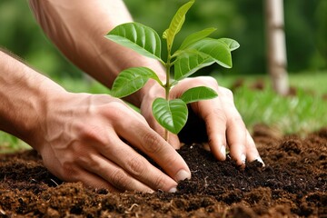 A person is planting a tree in the dirt. Concept of growth and nurturing, as the person is taking care of the young plant. The act of planting a tree is a symbol of hope and renewal