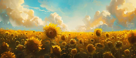 Gardinen A painting of a field of sunflowers with a sky background © Jafger