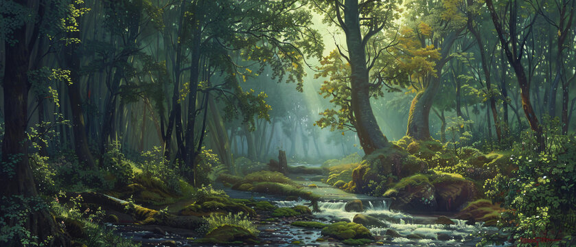 A painting of a forest with a river running through it