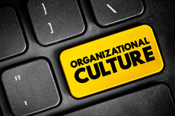 Organizational culture - collection of values, expectations, and practices that guide and inform the actions of all team members, text concept button on keyboard