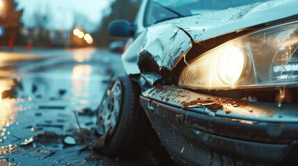 Car accident scene at dusk. Close-up of a damaged vehicle showing a dented hood, shattered headlight, and scattered debris on wet asphalt. - obrazy, fototapety, plakaty