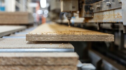Industrial wood processing. A sheet of chipboard is being precisely cut with a panel saw machine in a factory environment, with wood shavings visible on the surface. - obrazy, fototapety, plakaty