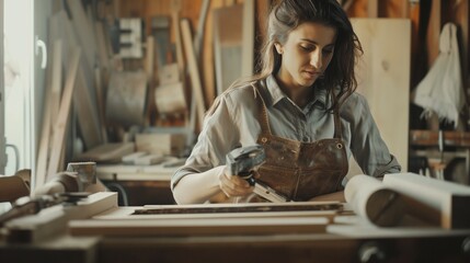 Female carpenter focused on woodworking in a workshop. She's using a drill on a wooden piece, wearing protective brown overalls, with tools and wood materials in the background. - Powered by Adobe
