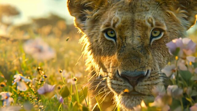 close up lion with shining light. 4k video animation