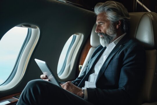 Senior executive working on tablet while flying in luxury private jet cabin, serious business travel - AI generated