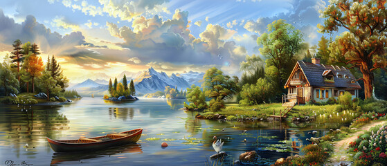 A painting of a lake with a boat and a house