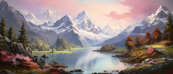 A painting of a mountain landscape with a lake - obrazy, fototapety, plakaty