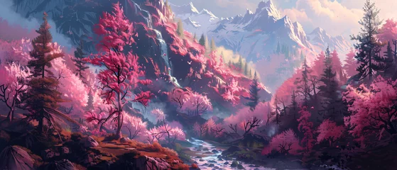 Foto op Plexiglas A painting of a mountain landscape with pink trees  © Jafger