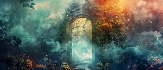 A magical gate surrounded by mist and mystery - obrazy, fototapety, plakaty