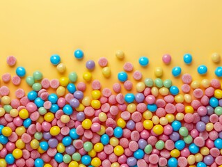 A vibrant display of candy colors against a pastel background with plenty of copy space