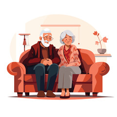 Elderly couple seated in sofa flat vector illustration