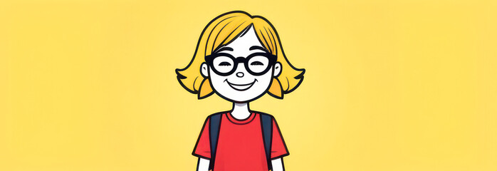 girl of Caucasian nationality, schoolgirl in glasses with a backpack, yellow tones. Banner for school and free space for advertising.