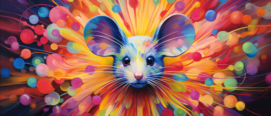 A painting of a mouse in a colorful abstract pattern 