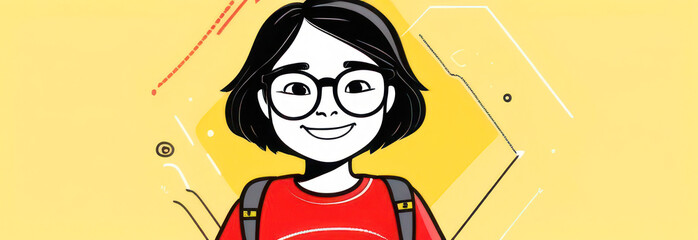 girl of Caucasian nationality, schoolgirl in glasses with a backpack, yellow tones. Banner for school and free space for advertising.