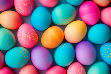 Fototapeta na wymiar Colorful multicolored Easter eggs background, top view
