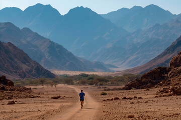 A lonely Marathonian runs along the plains surrounded by mountains