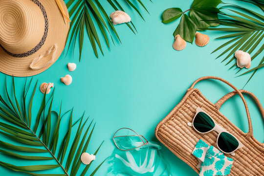 Summer turquoise background with swimsuit, rattan bag, straw hat, shells, sunglasses, palm leaves