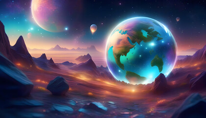 A digital illustration of a hidden world inside the earth with crystal and galaxies in the background