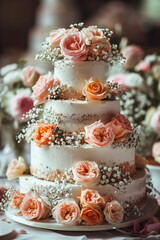 Obraz na płótnie Canvas Elegant Wedding Cake with Decorated Flowers. Multi-tiered beautiful cake with decorations and flowers.