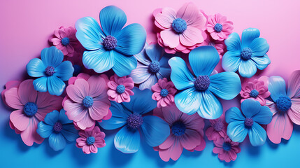 there are many blue flowers on a pink background