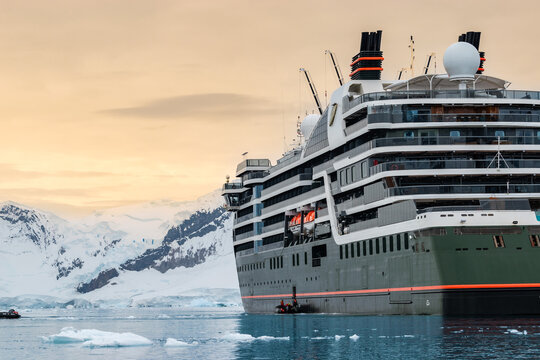 Neko Harbor, Antarctica - January 12, 2024: Cruise ship Seabourn Pursuit in bay of Neko Harbor.