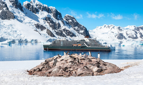 Port Charcot, Antarctica - January 15, 2024: Side view of cruise ship Seabourn Pursuit in bay of Port Charcot, Booth Island. Penguins on a rock in the foreground.